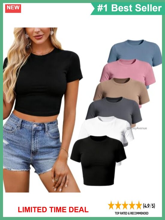 Tops - Women's Cropped Tee Short Sleeve Slim Fit Crew Neck Knit T-Shirt